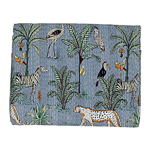United Craft Art Indian Jungle Print Kantha Quilt Throw Bedspread Soft Cotton Kantha Blanket Traditional Bohemian Twin Size Cotton Lightweight Kantha For Bed Decor 90X60 Inch #TOP4