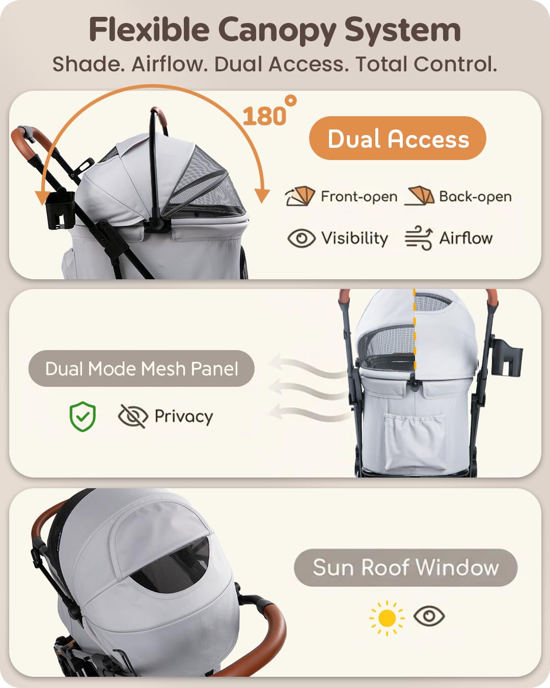 Pet Stroller with Detachable Carrier for Small, Medium Dogs & Cats, Lightweight Foldable Design, Travel-Ready, Compact Storage (Cloud Gray)