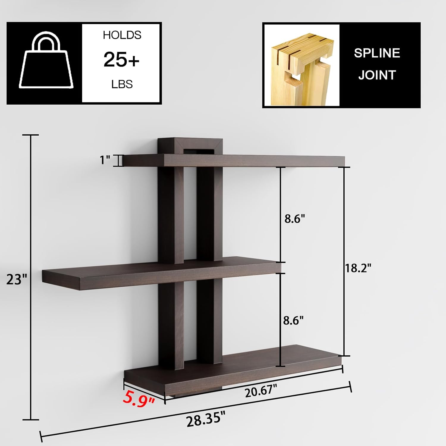 Variable Wood Floating Shelves Set of 3, Wall Cube Shelves 28.35" Max, Wall Shelves for Living Room Bathroom Bedroom - Dark Walnut Color - 28.35" x 23" x 5.9" Max