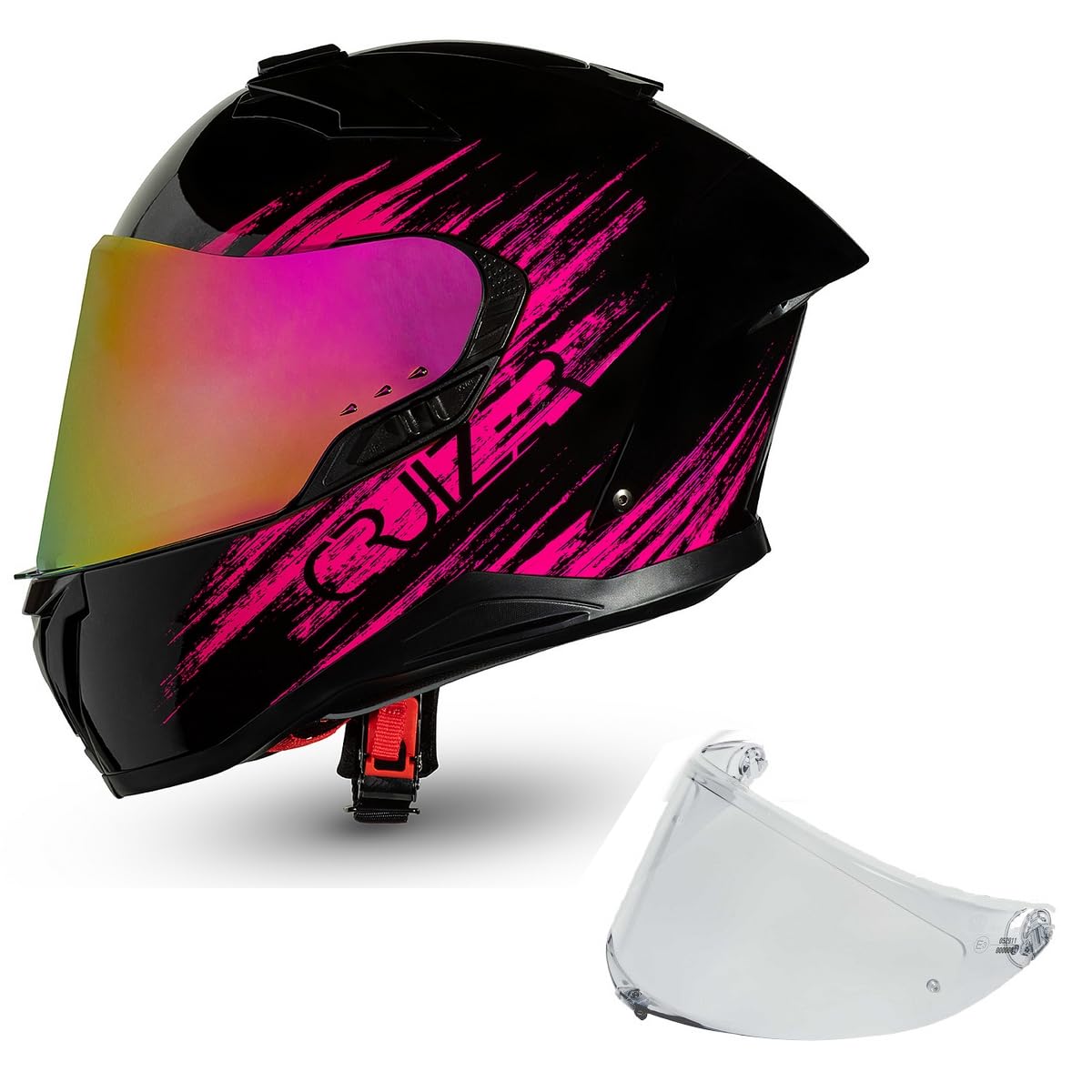 CRUIZER Casco moto Integrale Omologato Nero Fuxia Lucido con visiera trasparente , visiera sole a scomparsa, visiera rosa specchiata