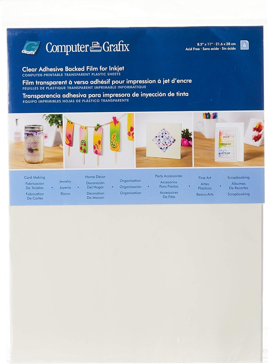 Grafix Computer Adhesive Backed Ink Jet Film – Self-Stick Printable Film for Creating Custom Journals, Stickers, Photos, and More, Ink Jet Printers Only (Clear - Adhesive, Pack of 6 (8.5" x 11"))