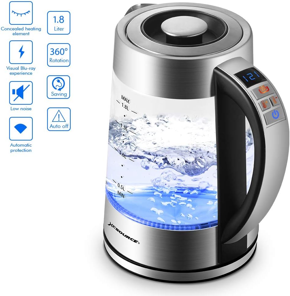 Glass Electric Kettle Boiler Hot Water Coffee Heater Temperature Control with Blue LED Indicator Light,Auto Shut-Off & Boil-Dry Protection 1.8L 2000W Heating Element Quick Boil Multifunctions