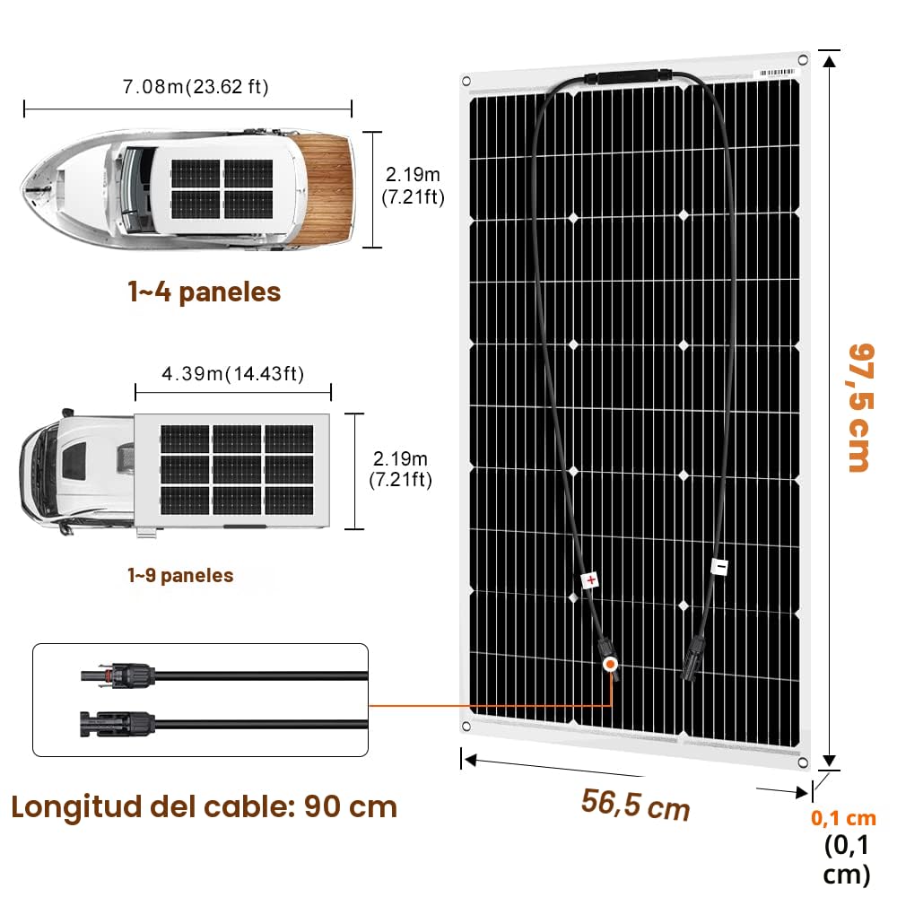 DOKIO Panel Solar Flexible 100W 12V Placa Solar Monocristalina Ligereza ideal para RV, Barco, Camping, Caravana