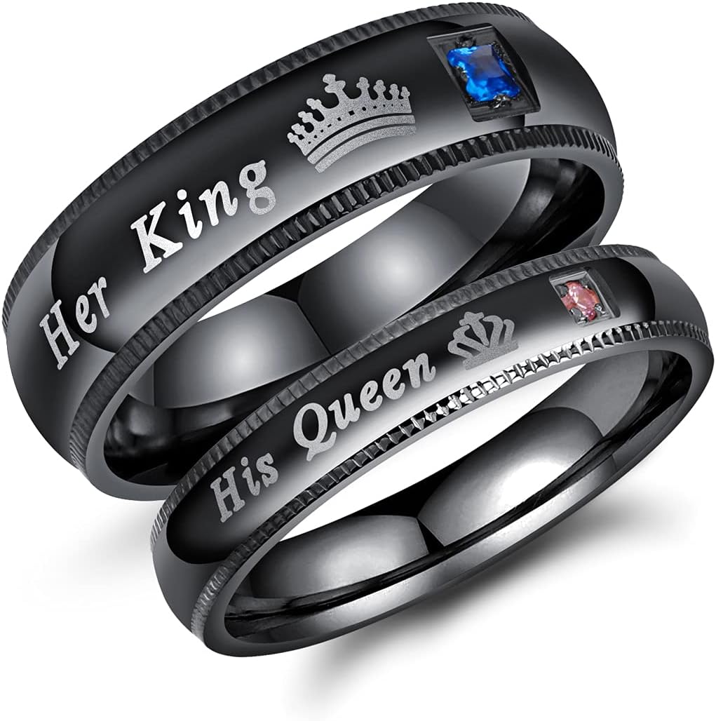MONIYAMONIYA Set of 2 His Queen Her King Rings Stainless Steel Wedding Engagement Band Matching Promise Rings For Couple Anniversary Jewelry