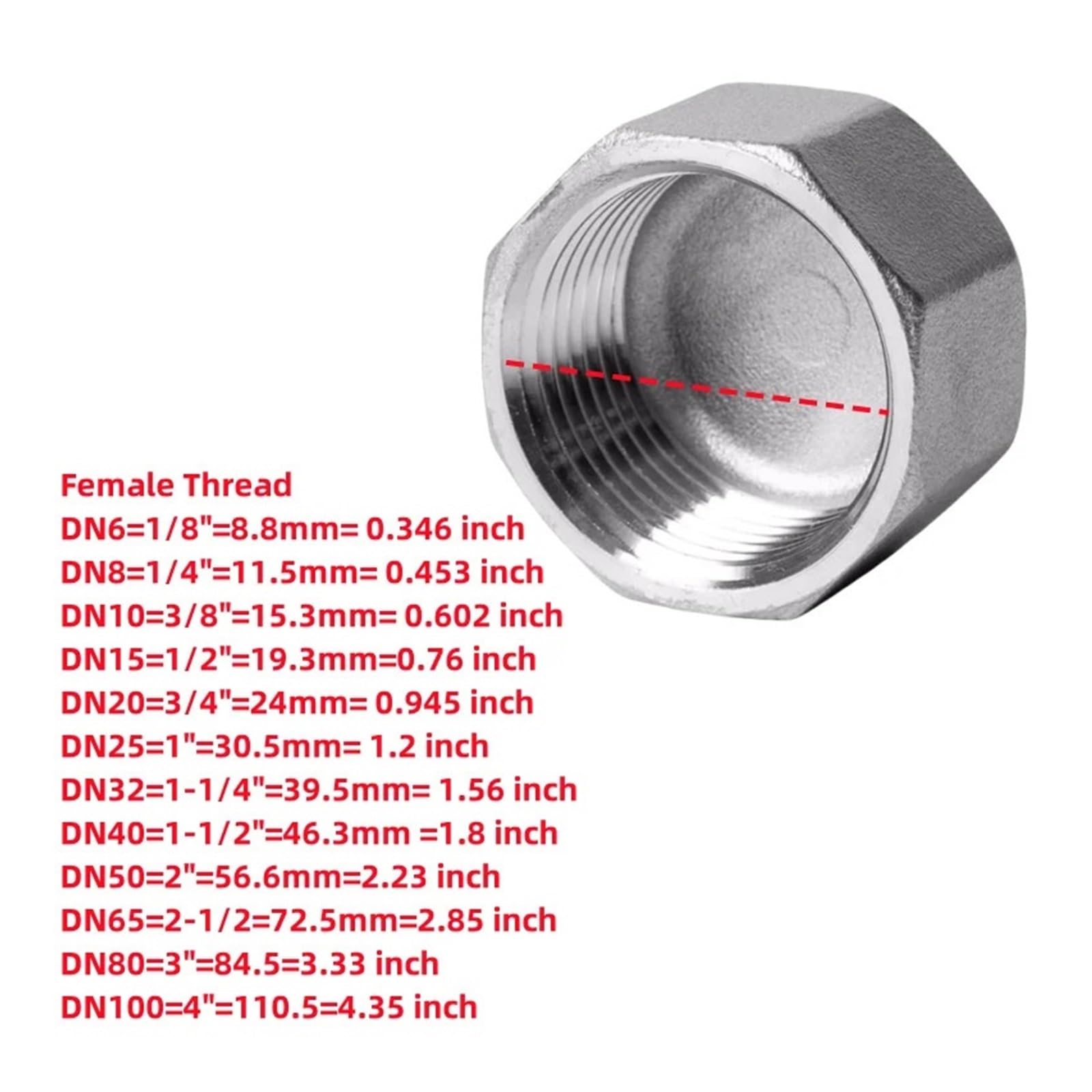 Ze stali nierdzewnej 304 wewnętrzna jedwabna nasadka sześciokątna złączki rurowe 1/8 "1/4" 1/2 "3/4" gwint żeński nakrętka rurowa kapelusz adapter złącza(4")