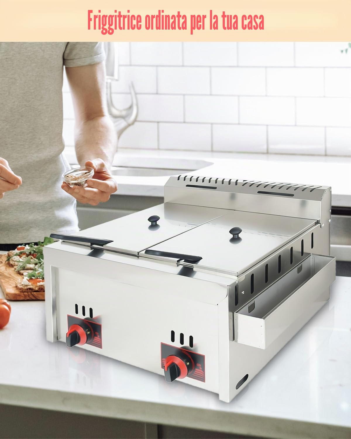 Friggitrice a Gas Professionale 20L Doppia Vasca in Acciaio Inossidabile ad Alta Capacità con Cestello per Patatine - Per Ristoranti, Cucine Domestiche e Chioschi