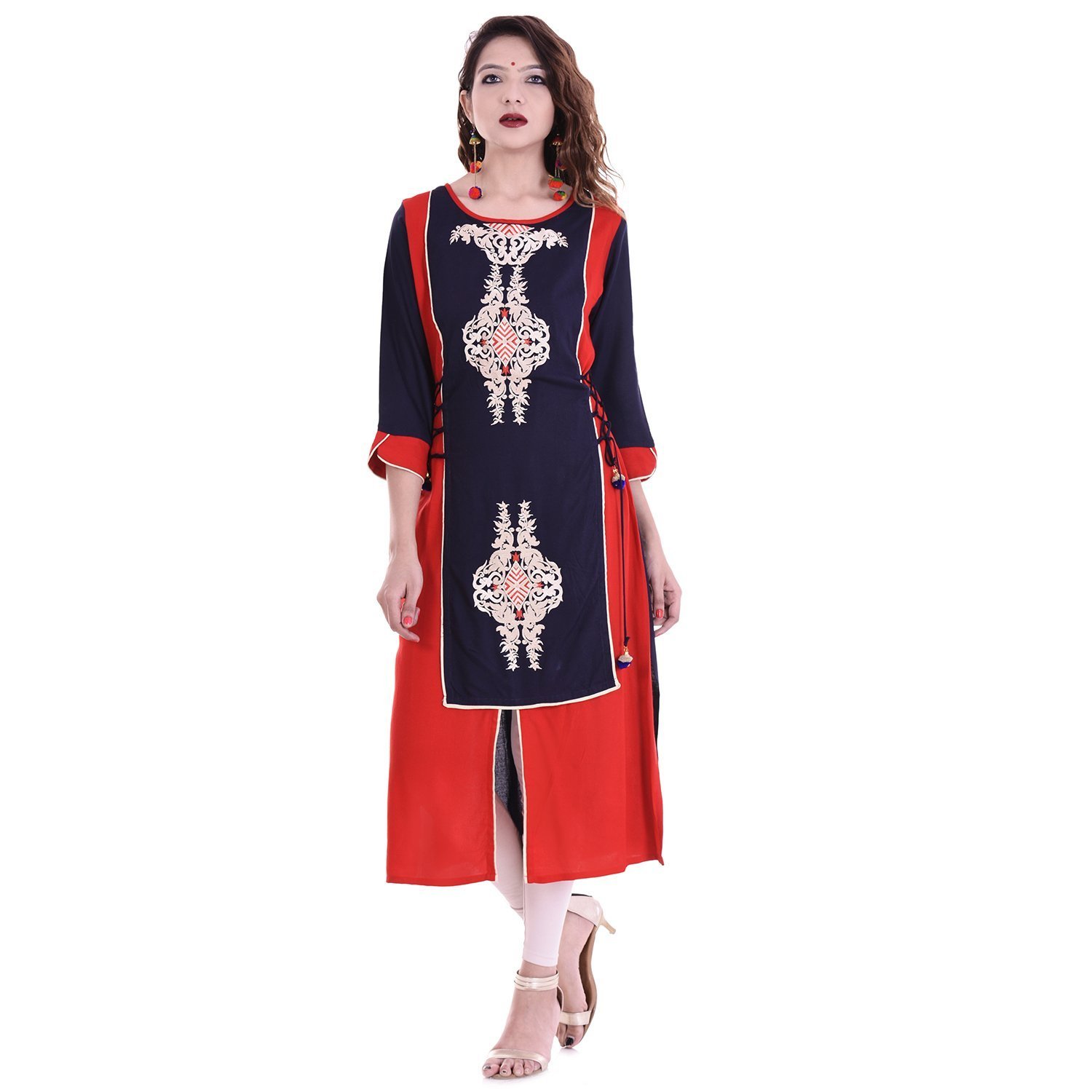 Chichi Indian Women's Embroidered Rayon Kurti Red-Royal Blue For Casual/Daily/Party Wear