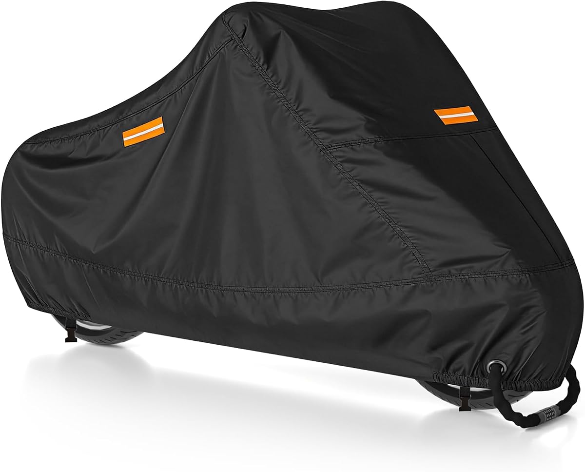 300D Motorcycle Cover Waterproof Outdoor, 108 inch | Fits for Large Cruiser Mid-Size Touring Harley Davidson Street/ Road Glide, Softail Standard/Slim, Heritage Classic, Black
