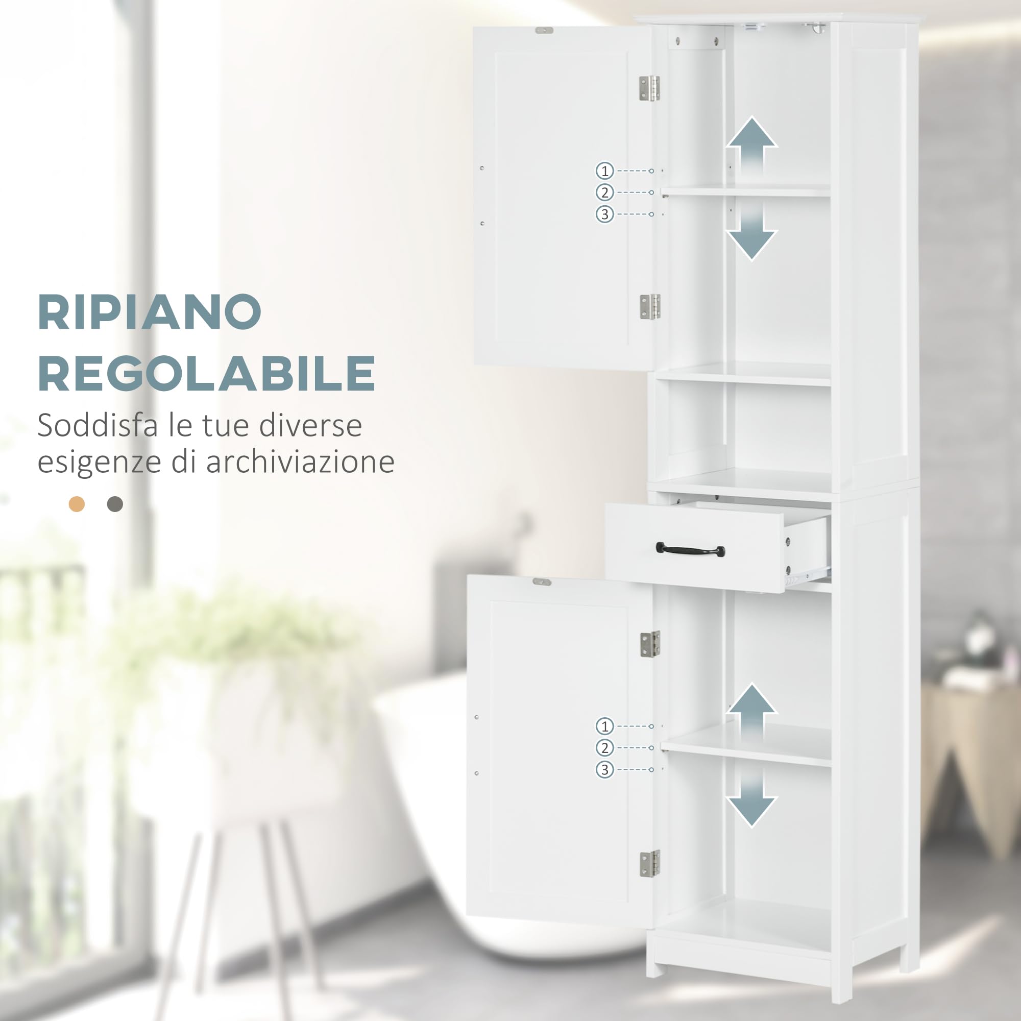 kleankin Mobile Bagno Alto Slim con 2 Armadietti a Ante 40x30x164cm Bianco