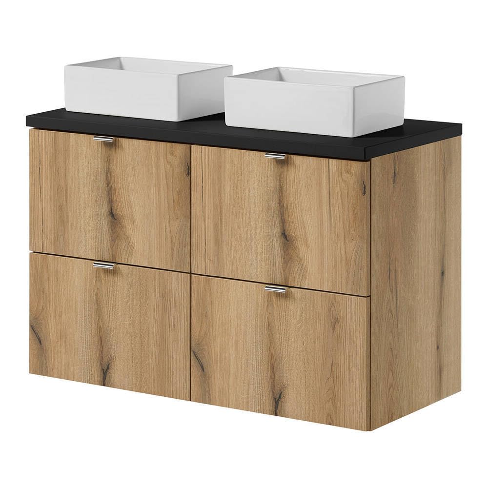 [en.casa] Mueble de Baño con Lavabos Rectangulares Newport Instalación Mural 2 Armarioa Baño con 2-2 Cajones y Encimera de 100 cm 2 Lavabos de Cerámica 100 x 71 x 40 cm - Efecto Roble/Negro