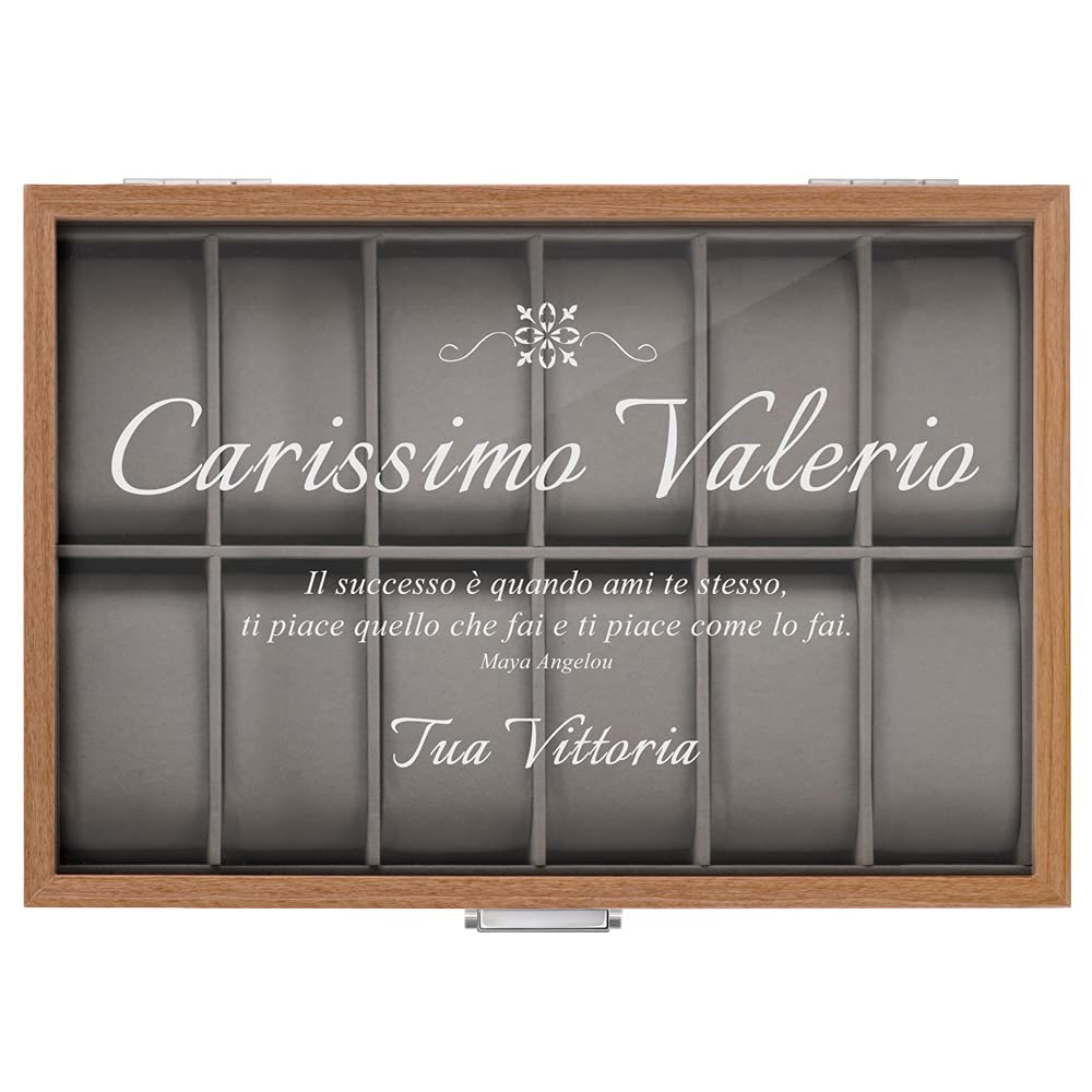 Maverton Cofanetto Porta Orologi con 12 scomparti - Custodia orologi in legno - Coperchio in vetro - Fodera in velluto grigio - incisione personalizzata - regalo uomo - Vita
