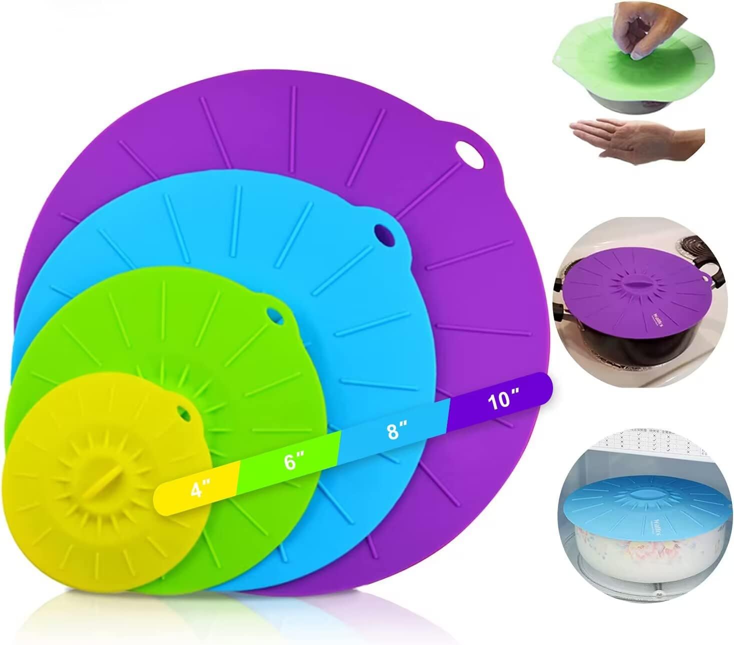 Silicone Lids For Food Storage - Heat Resistant Microwave Splatter Cover, 4 Pack Silicone Suction Lids for, Bowls, Cups, Plates, Pots, Pans, Gifts, Skillets, Stove Top, Oven, Fridge Safe