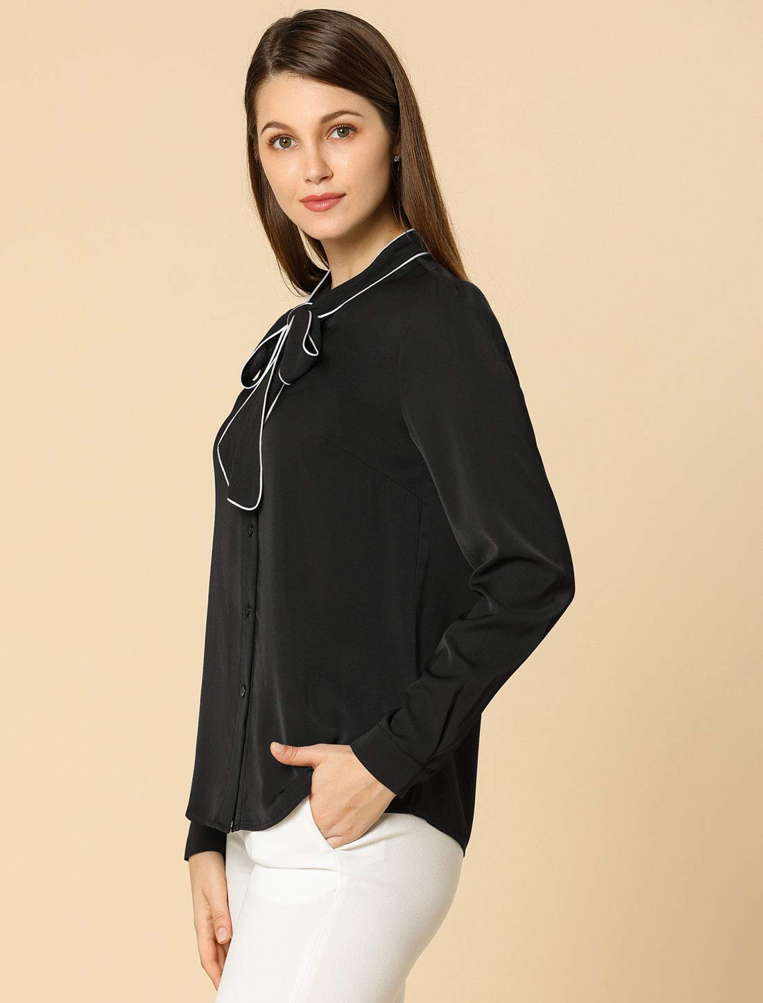 Allegra K - Camisa con Botones de Manga Larga y Cuello en Contraste para Mujer