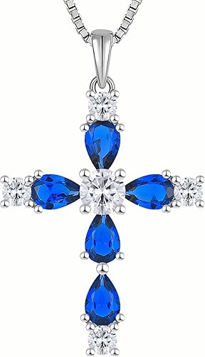 YL Collar de cruz para mujer de plata de ley 925 con dije de piedras preciosas con halo de piedra natal, joyería religiosa para mamá