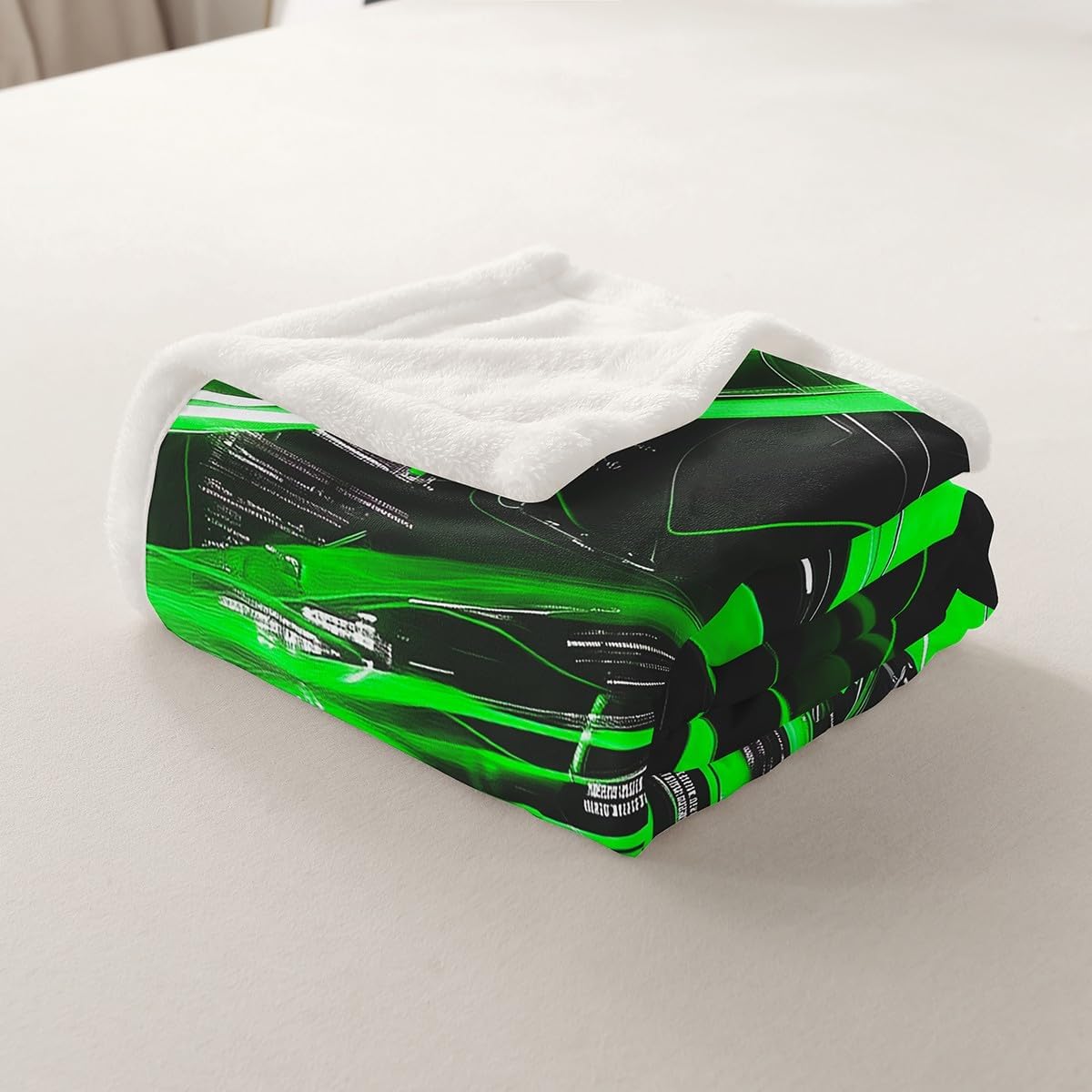 Sports Car Kids Fleece Blanket,Green Race Car Neon Light Modern Throw Blanket for Adult,Racing Theme Geometric Stripes Lightweight Polyester Sofa Sherpa Blanket, Queen (90 x 90 Inch)