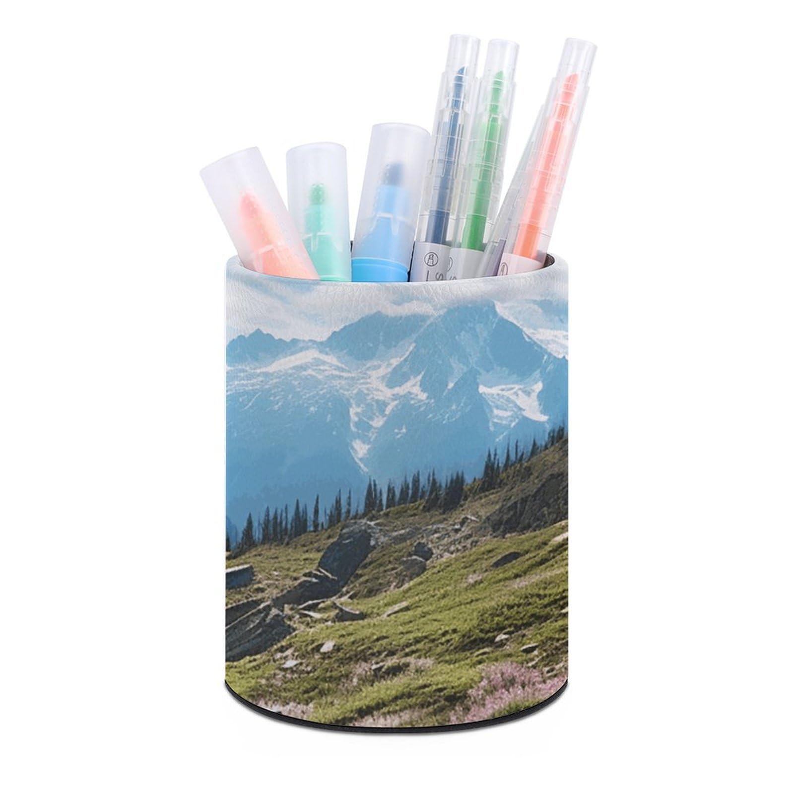 DWVTSLH Aesthetic Pen Holder for Desk - Modern Leather Pencil Holder - Stylish Round Makeup Brush Holder - Mountains Pen Cup Cute And Functional Desk Organizer for Office Supplies