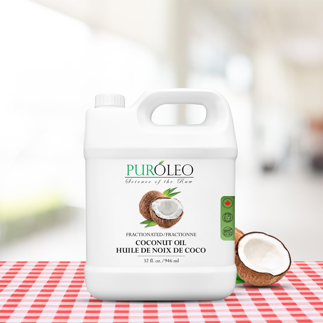 PURÓLEO Olio di cocco frazionato 100% naturale e inodore, 946 ml (prodotto in Canada) | Olio idratante e vettore | Corpo della pelle dei capelli, aromaterapia, massaggio, struccante..