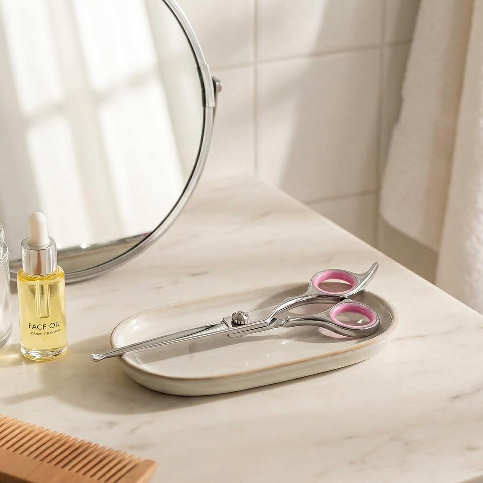 Forbici da donna per peli pubici con punta arrotondata e rasoio per bikini, per la sicurezza delle aree sensibili, in acciaio inox, impugnatura ergonomica (rosa)