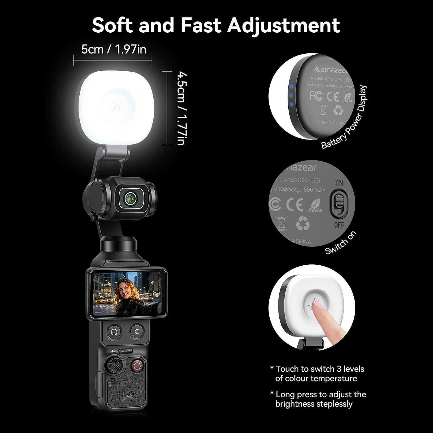 AMAZEAR Upgraded Magnetic Fill Light for DJI OSMO Pocket 4/3/4P/Xtra Accessories, Auto-Follow Gimbal Magnetic Quick Attached Selfie Vlog Auxiliary Led Lighting, CRI≥95, 3-Color, 2500-5600K, 500mAh