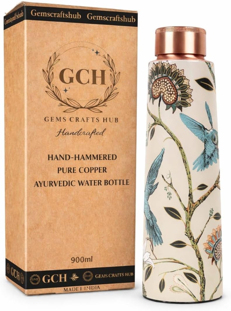 Gemscraftshub Hand-Hammered Pure Copper Ayurvedic Water Bottle, Handcrafted, Hummingbird Floral Design, 900ml