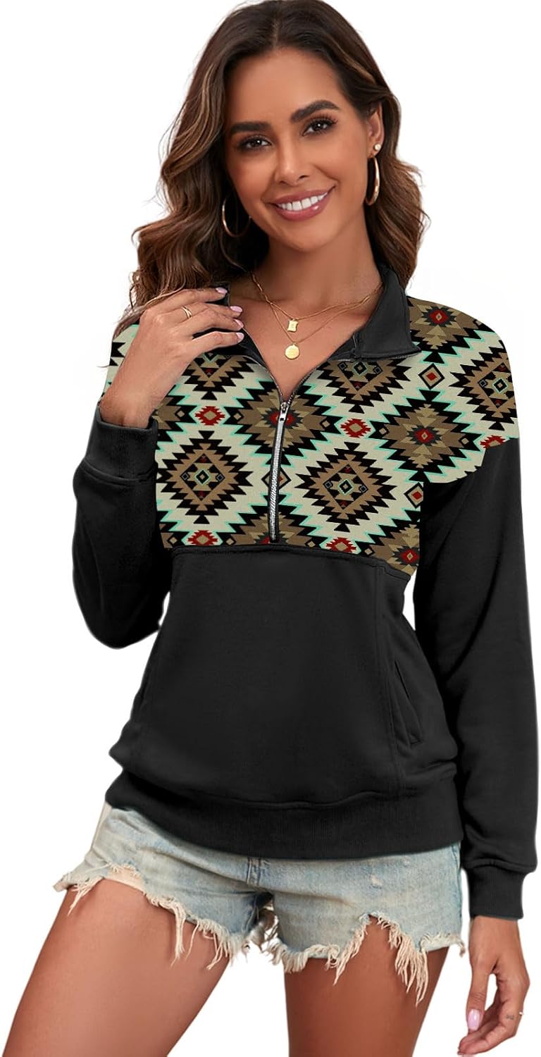 LEMAFER Women's 2024 Casual Aztec Cow Print Zipper Collar Pullover Sweatshirt Western Cowgirl Ethnic Style Hoodies - Image 2