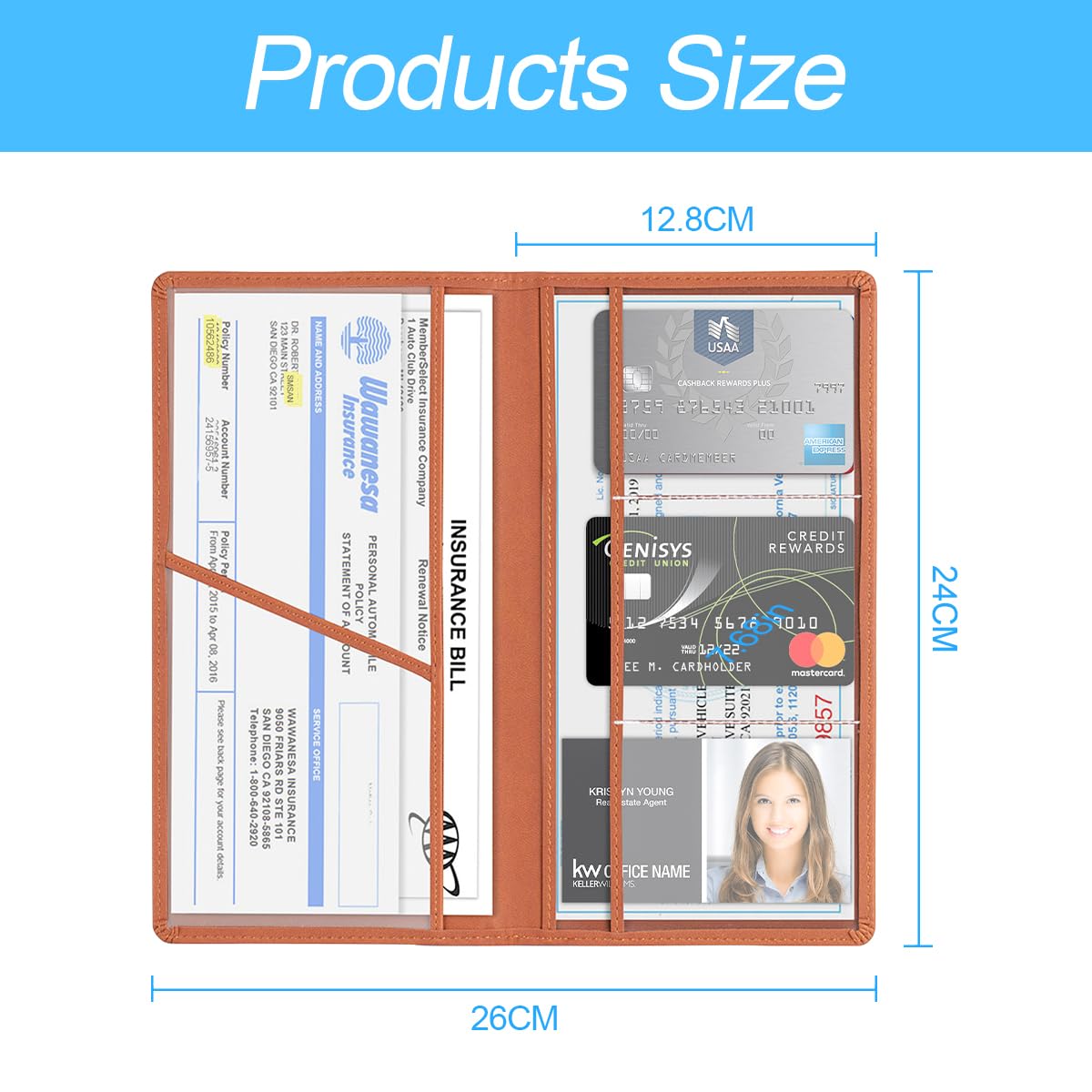 Porta Carte Documenti Auto in Pelle PU, Supporto Assicurazione Auto, Portadocumenti Immatricolazione, Patenti, Marrone
