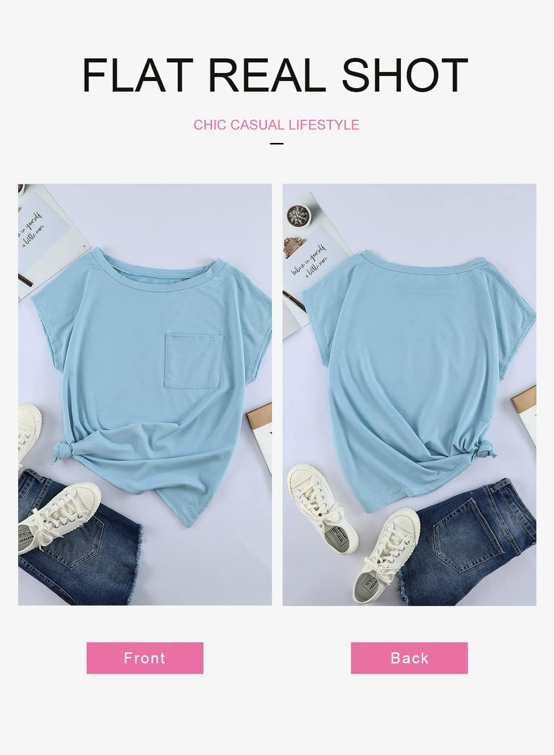 Diukia Women's Summer Casual Crewneck Solid Color Pocket T Shirts Loose Batwing Short Sleeve Tee Tops Blouses - Image 3