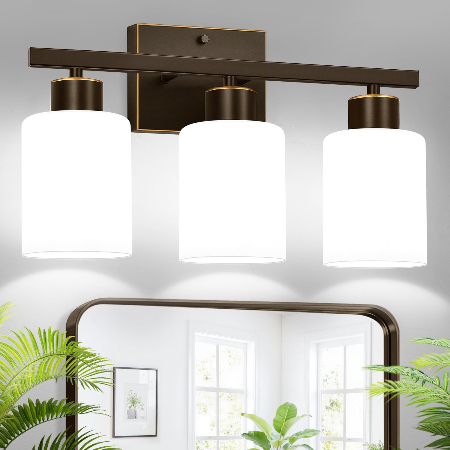 3-Light Bathroom Light Fixtures Brown and Gold Vanity Light with Milky White Frosted Glass Shades Modern Vanity Lighting