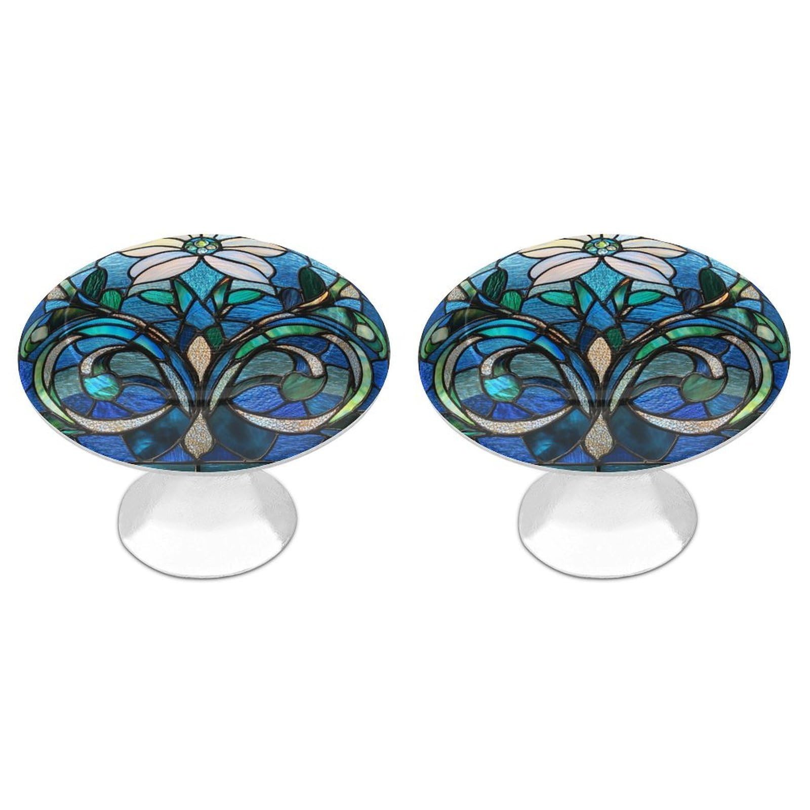 Jubonexis Stained Glass Stylized Floral and Scroll Motif Round Drawer Cabinet Knobs Handles with Screws,2 Pcs, Drawer Dresser Knob Pulls Decor for Wardrobe Cupboard Home Office Kitchen