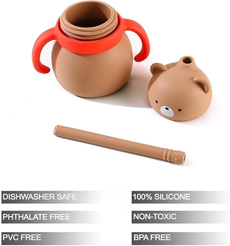 Miniatura 2 de PandaEar Taza de entrenamiento de silicona para bebés con asas y popote, sin BPA, a prueba de fugas para bebés y niños pequeños, 6.8 onzas (oso