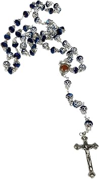 Unique Large Glass Crystal Beads Rosary with Holy Soil Silver Crucifix Dark Blue