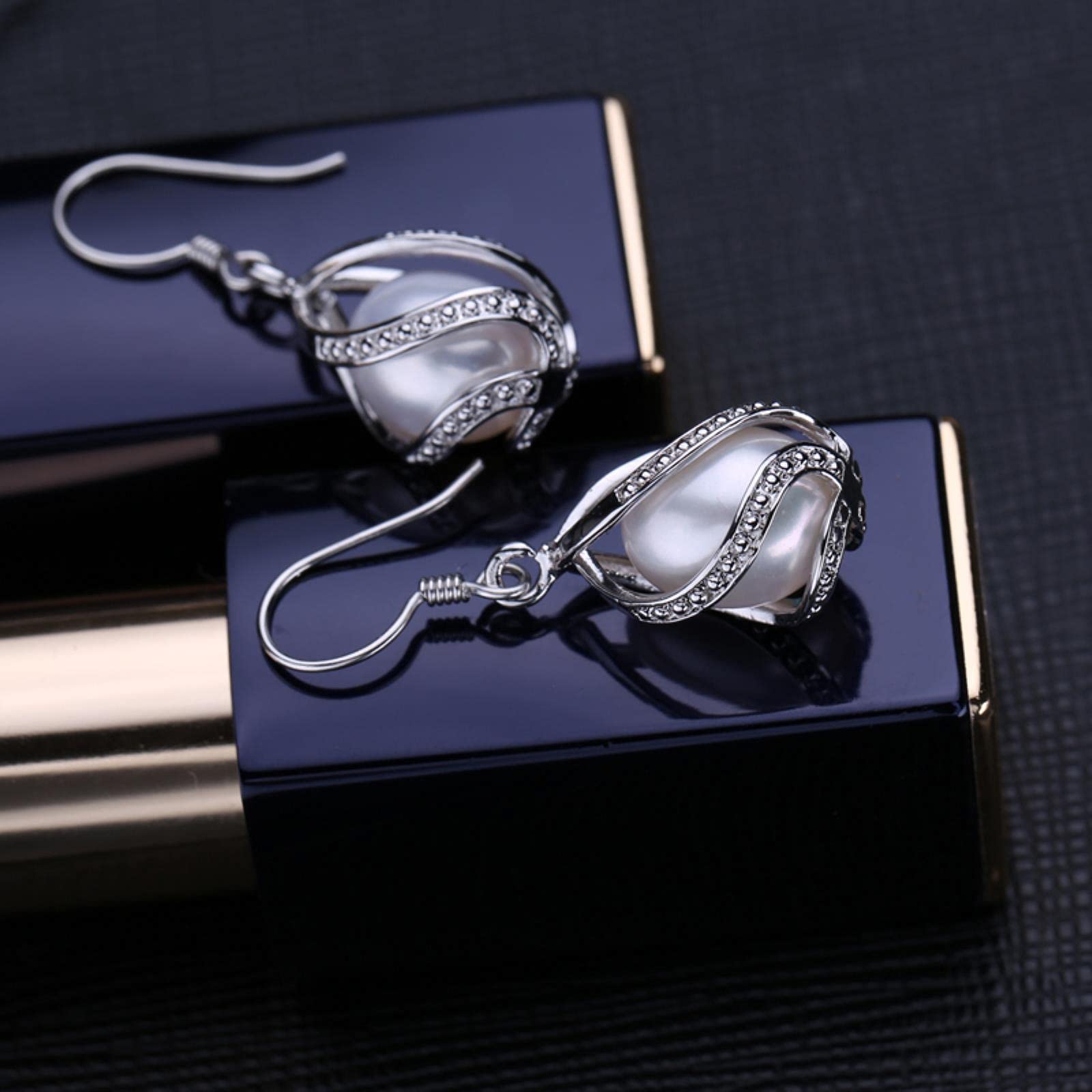 LOKILOKI Conjunto De Plata De Ley 925, Conjuntos De Joyas De Perlas De Agua Dulce para Mujer, Pendientes De Jaula, Conjunto De Collar, Anillo De Ajuste Vintage Hueco