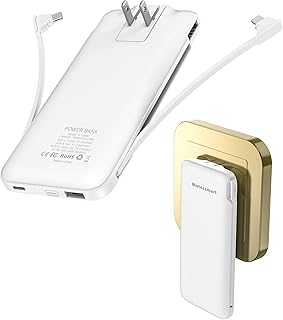 Portable Charger Power Bank with Built in Cable and AC Wall Plug, 10000mAh Fast USB C Phone Charger, Slim Thin Mini Charging Battery Pack Compatible with Smartphones and All USB-C Devices