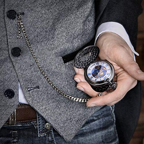 Image of ManChDa Mechanical Roman Numerals Dial Skeleton Pocket Watches with Box and Chains for Mens Women