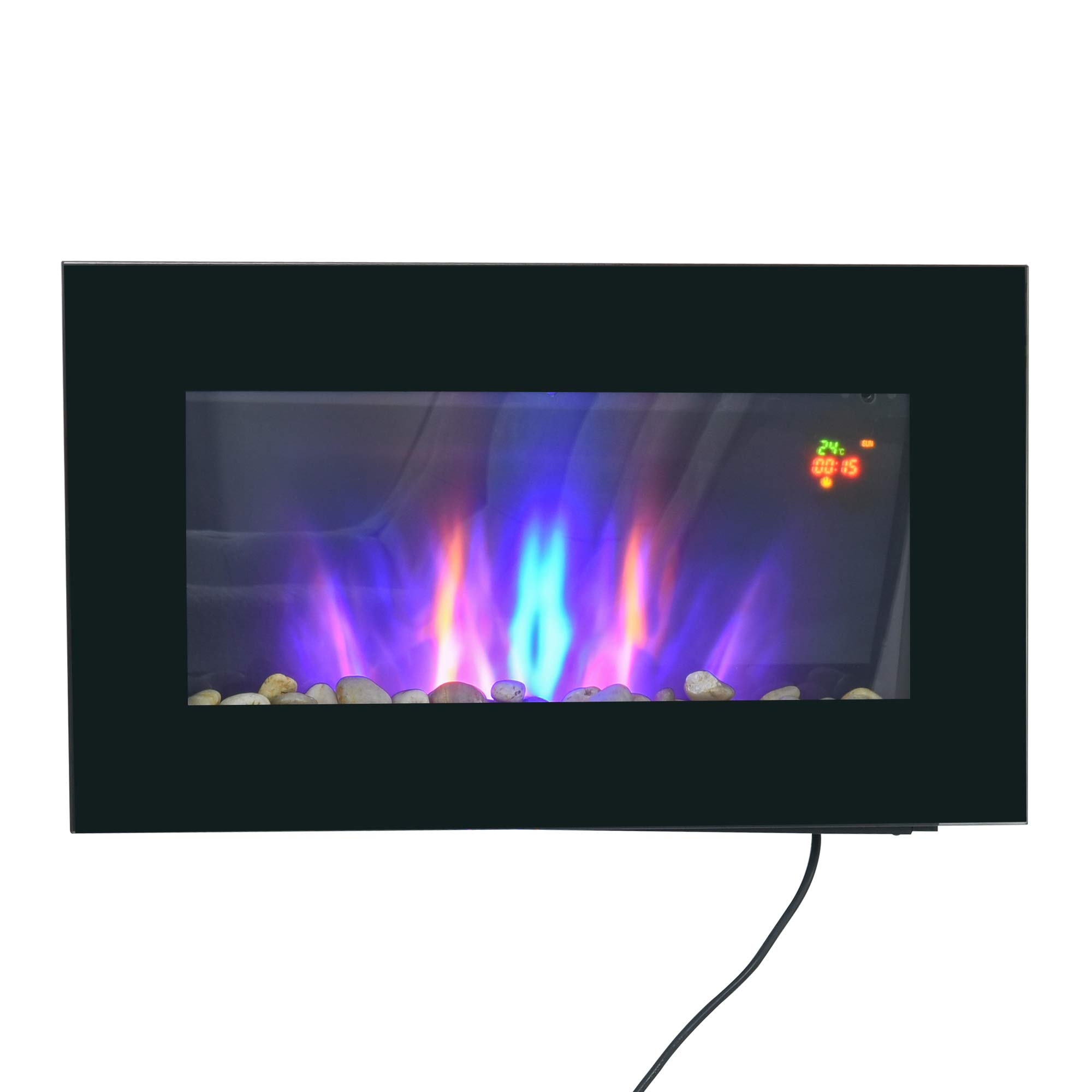 HOMCOM Camino elettrico da parete 1000/2000 W, camino decorativo con effetto fiamma LED 7 colori regolabili, temperatura 15-30 ℃, telecomando, timer e protezione contro il surriscaldamento, nero