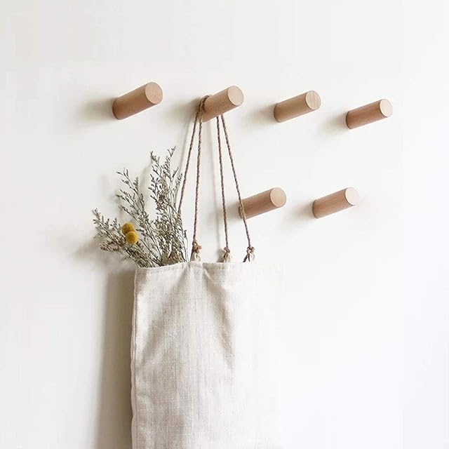 HomeDo 6Pack Wall Hooks Rack, Wooden Coat Hooks Wall Mounted, Entryway Hat Rack, Decorative Hooks Single Organizer Wall Hanger Hat Hook Towel Rack, Heavy Duty Hooks (Beech-8cm, 6Pack)