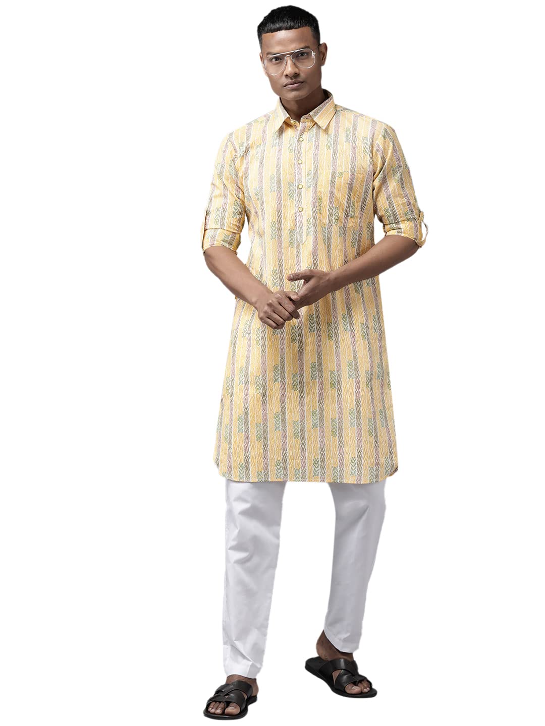 See Designs Yellow Regular Pure Cotton Pathani Printed Men's Kurta_Sdpkt1160Xxl