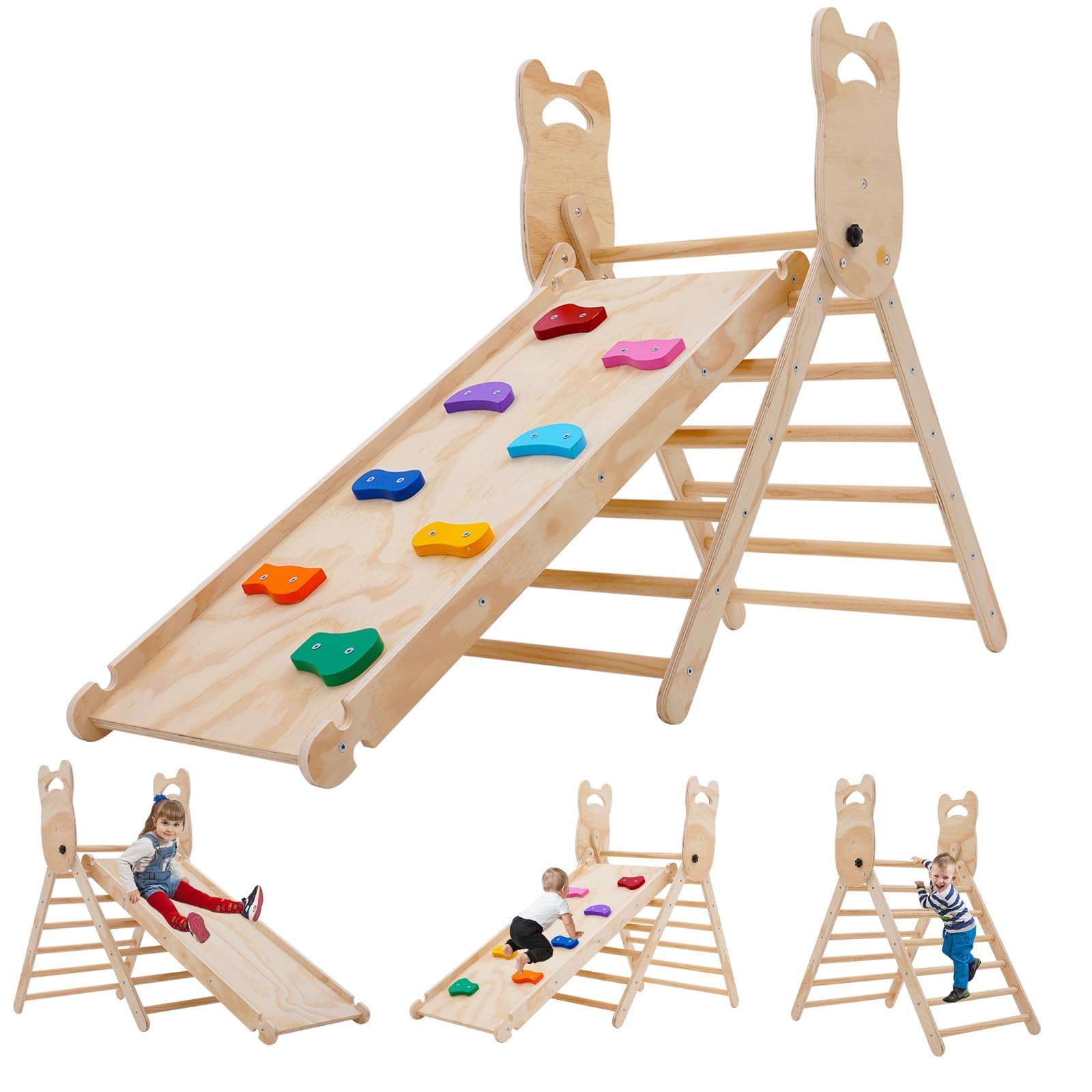  YMONLIA 3 in 1 Pikler Triangle Set, Foldable Toddler Climbing Toys Indoor with Sliding Ramp, Rock Climb and Gym Play Structure for Kids