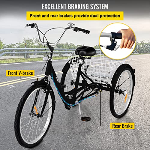 Happybuy Adult Tricycle 20 inch Single Speed Size Adjustable Trike with Bell Brake System Cruiser Bicycles Large Size Basket for Recreation Shopping Exercise (Black 1 Speed)