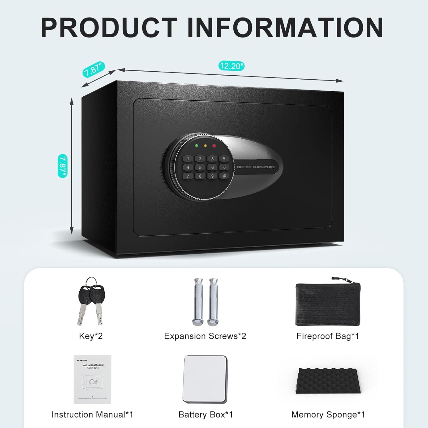 Diagram showing the BONANO safe dimensions and all included accessories: two keys, two expansion screws, one fireproof bag, one instruction manual, one battery box, and one memory sponge.