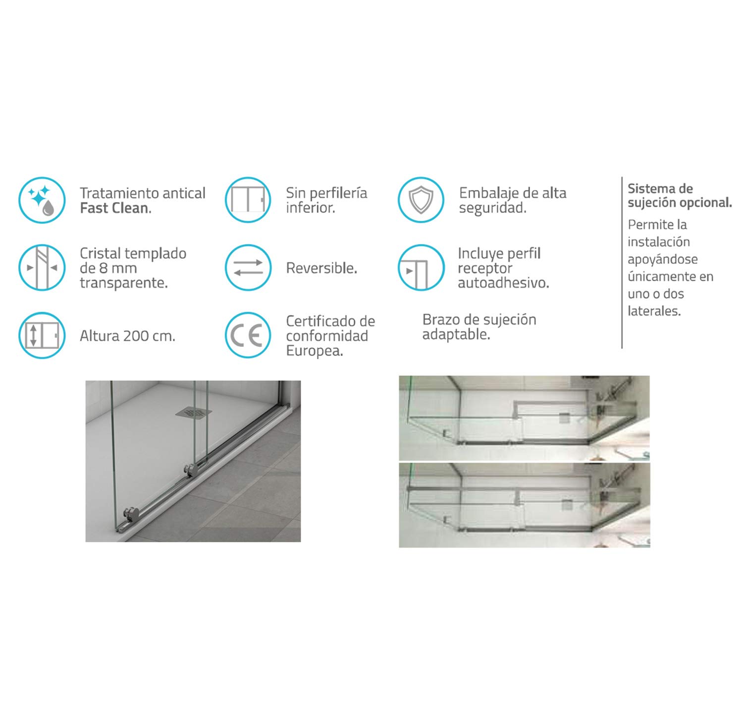 Mampara de Ducha Moderna FRONTAL CORREDERA Málaga Cromo – Fijo y puerta Corredera TRANSPARENTE – Cristal Templado 200cm Altura - Tratamiento ANTICAL y 8mm de espesor - Cromo, 185 cm