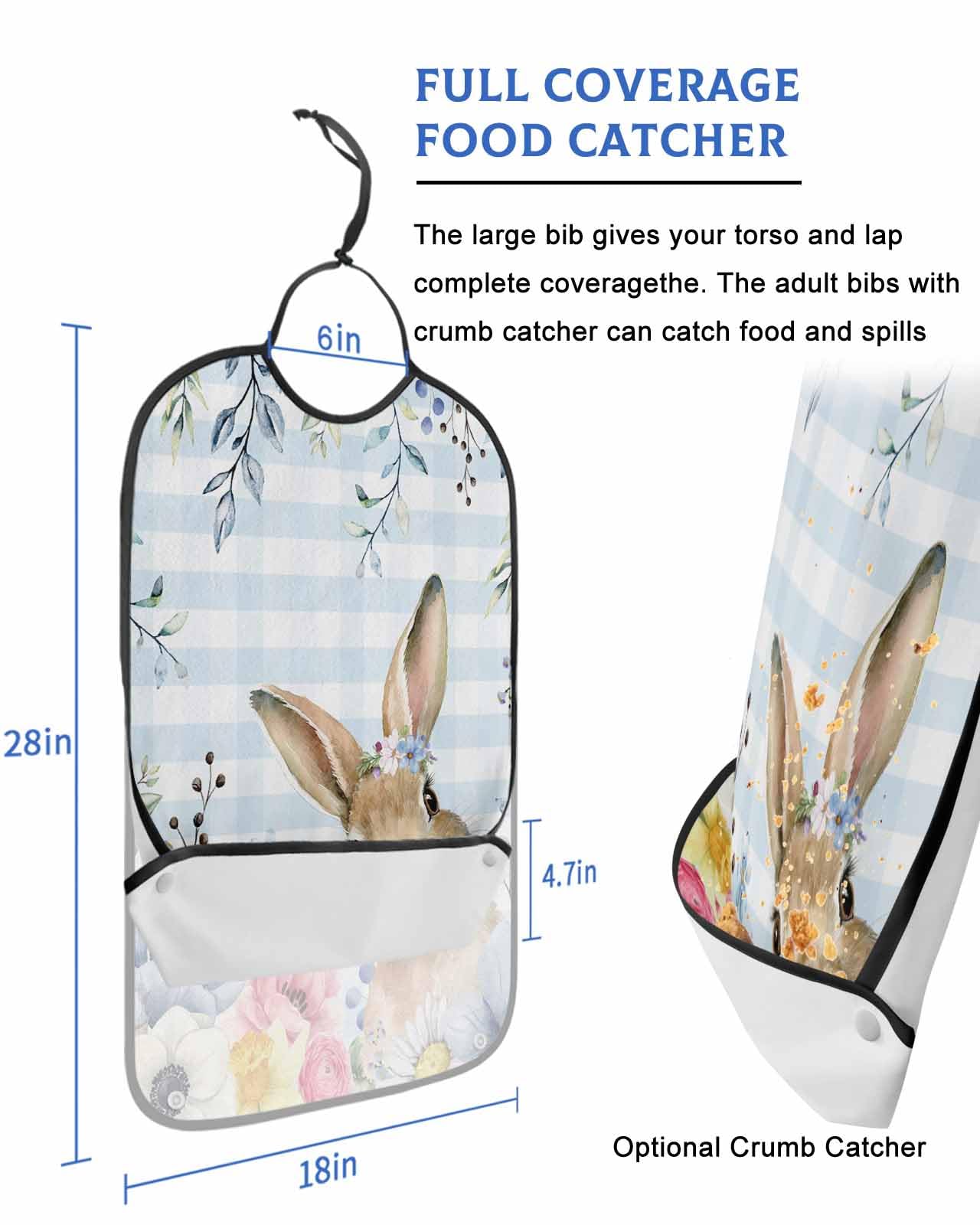 LEOKOTI Blue Easter Bunny Adult Bibs for Eating, Waterproof Bibs with Food Catcher & Adjustable Snap Closure, Spring Floral Botanical Watercolor Washable Clothing Protectors Adult Bibs for Elderly
