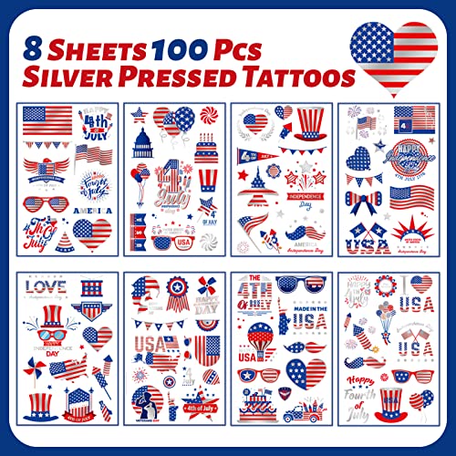 100 Pcs 4Th Of July Temporary Tattoos – Independence Day Silver Glitter Tattoos Waterproof Body Art Stickers(8 Sheets) #TOP4