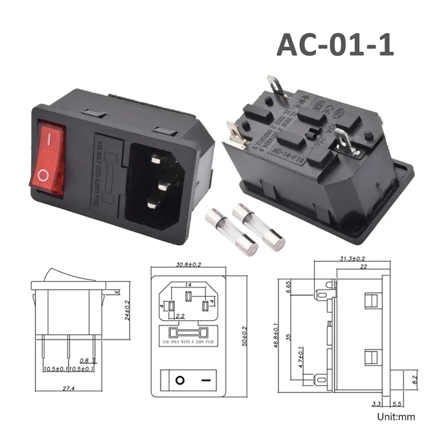 5 Sets of 3 pin AC Power Cord Connector IEC 320 C13 C14 Adapter Socket 10A Fuse Red Light Rocker Switch(2.0mm AC-01-1)
