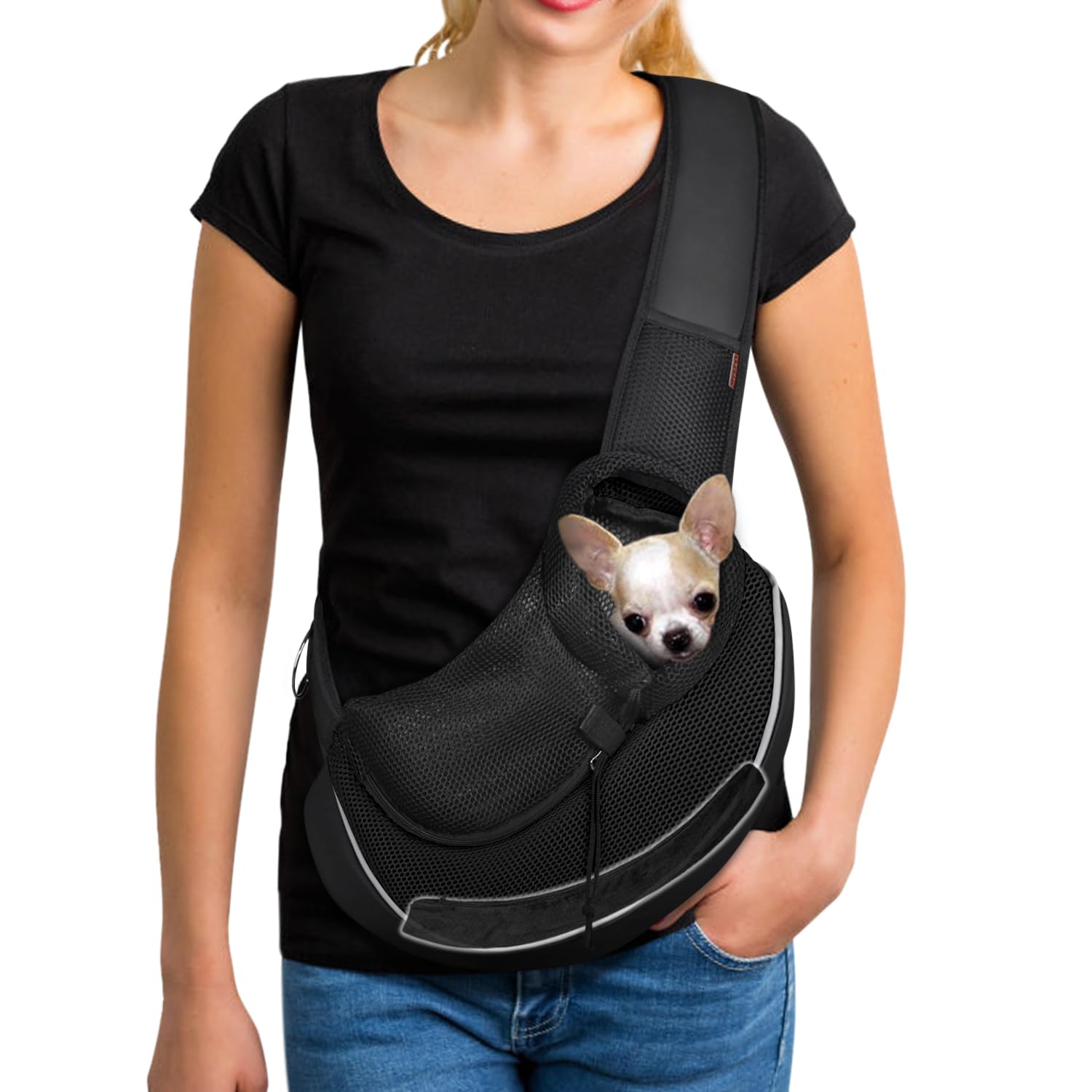 Photo 1 of YUDODO Pet Sling Carrier for 2-5 lbs Small Dogs & Cats – Hands-Free Puppy Carrier with Safety Hook, Large Zipper Pocket, Soft Breathable Mesh, Adjustable Strap & Reflective Strip (Black 3.0 S)