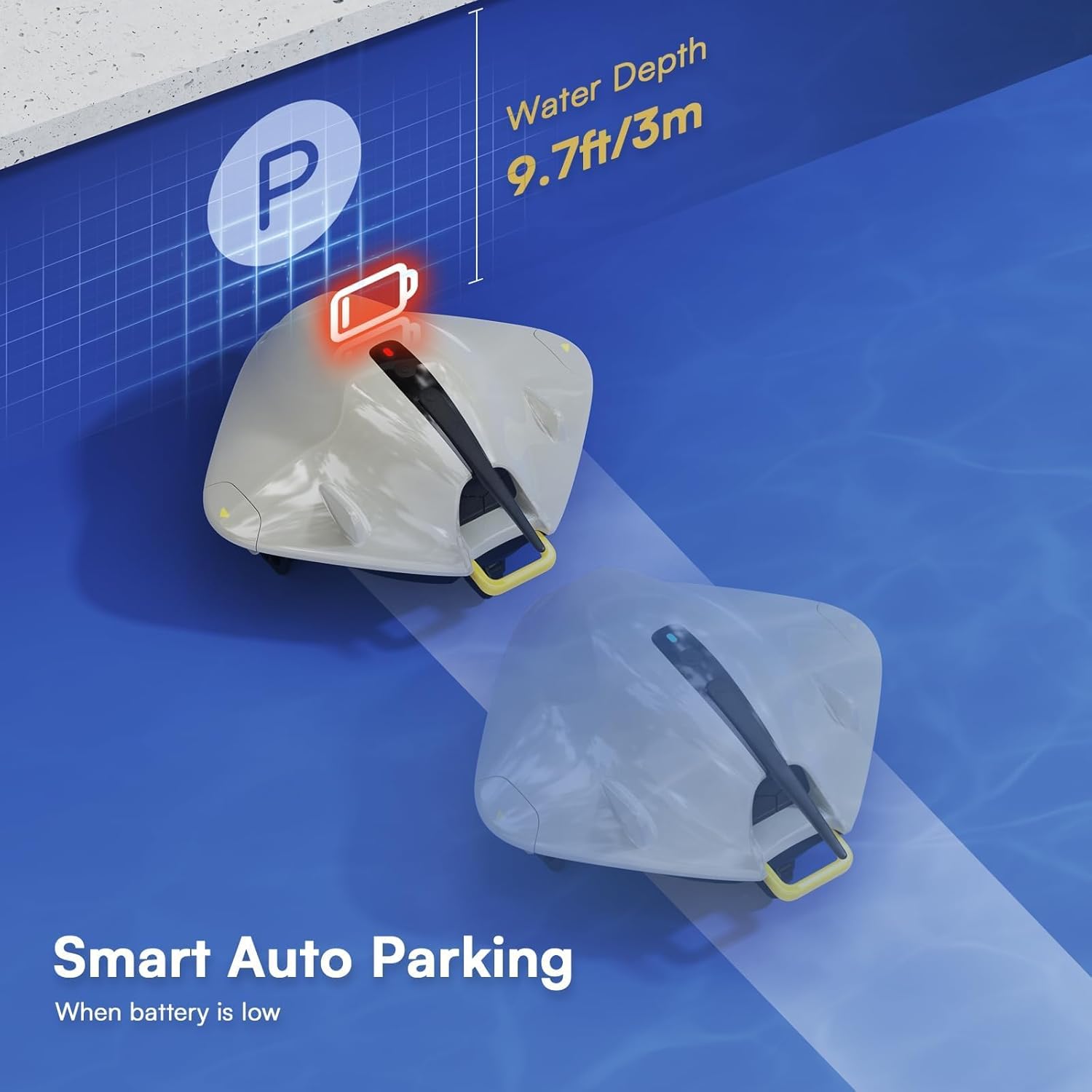 Lydsto S2 Robotic Pool Cleaner with a low battery indicator, demonstrating smart auto-parking near the pool edge.