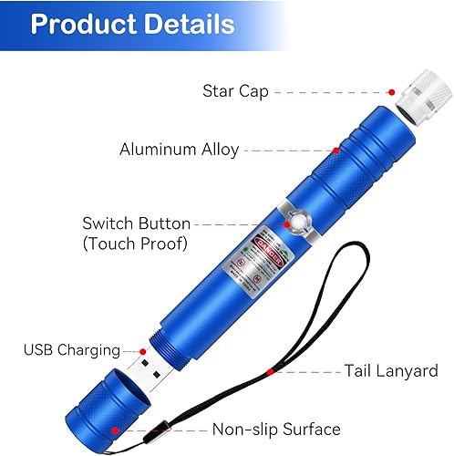 Miniatura 5 de Puntero láser rojo de alta potencia para gatos con tapa de estrella, puntero láser recargable, haz láser de largo alcance, linterna de 2000 pies con