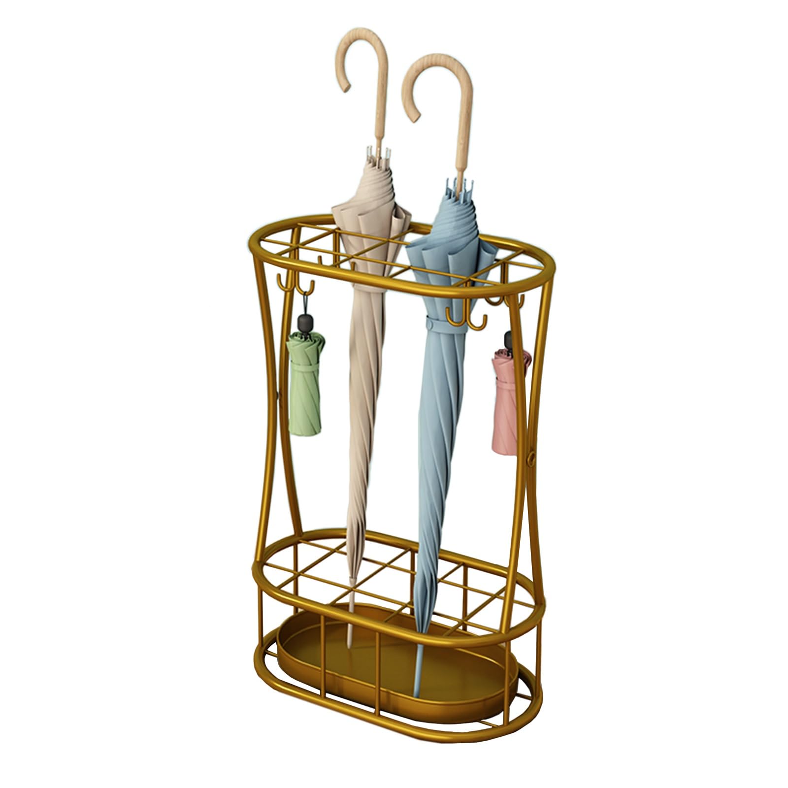BHFPFZA Entryway Umbrella Stand, Small with 4 Hooks & Metal Drip Tray, Perfect for Home, Office, Nursery - Stylish Gold Finish