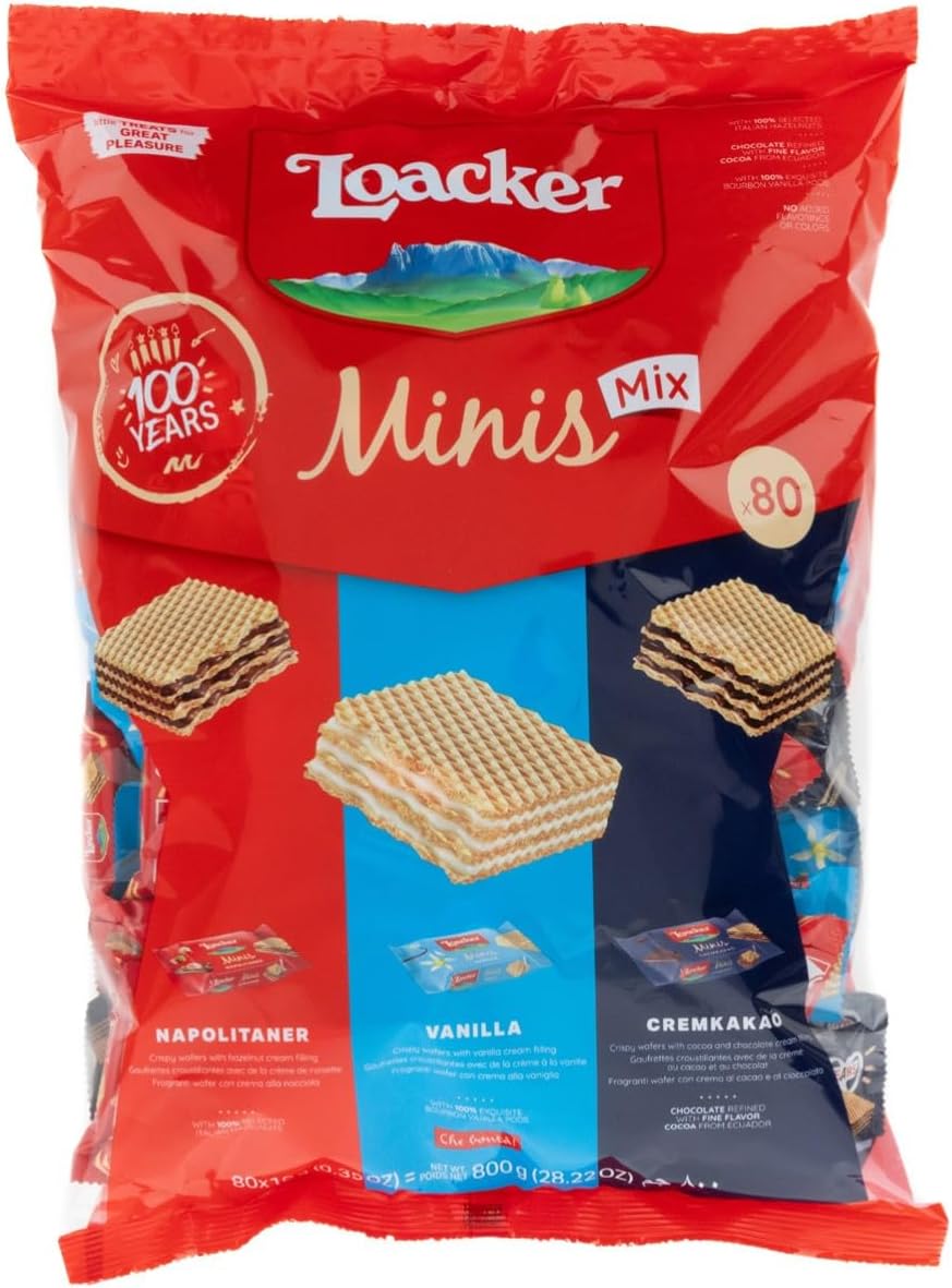 Loacker Party Pack XL, Mix di Mini Wafer Classic con Crema al Cioccolato, Nocciola e Vaniglia, 3 Varietà in 80 monoporzioni Minis, Confezione Convenienza da 800g