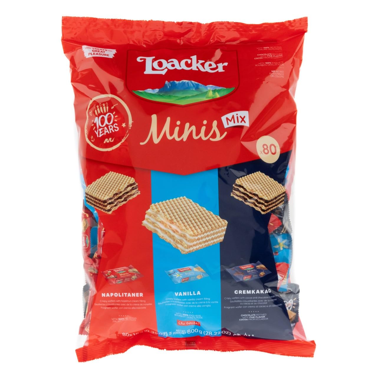 Loacker Party Pack XL, Mix di Mini Wafer Classic con Crema al Cioccolato, Nocciola e Vaniglia, 3 Varietà in 80 monoporzioni Minis, Confezione Convenienza da 800g